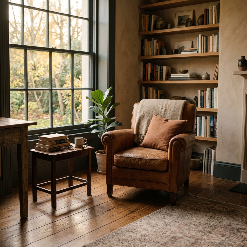 Empty tasteful reading chair sitting beside a window in afternoon light